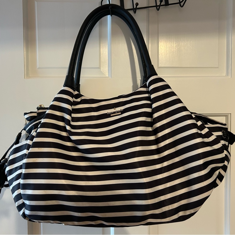 Kate Spade Black and White Striped Stevie Diaper Bag with Changing Pad